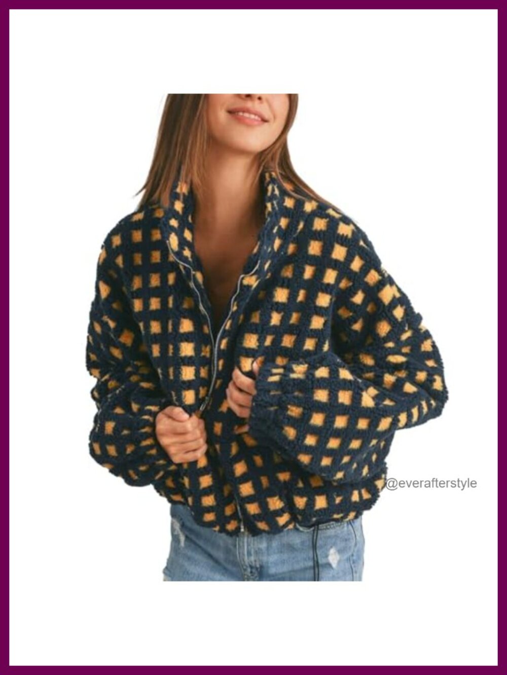 Womens Cropped Checkered Sherpa Fleece Jacket Zip Up Plaid Casual Coat